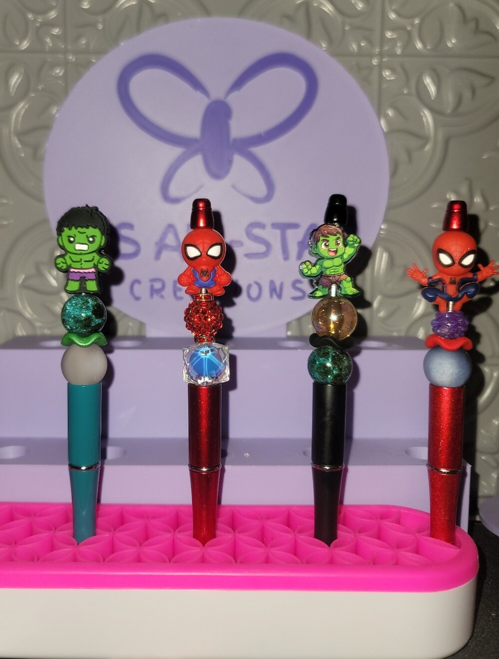 Custom Made Superhero Character Topper Pens - Spider & Hulk Designs